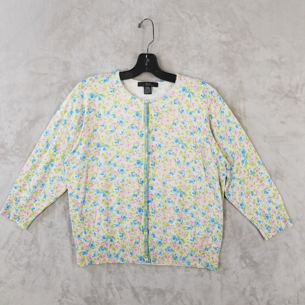 Vtg August Silk Cardigan Women XL Floral Button Front Knit Sweater Cottagecore - Picture 1 of 9